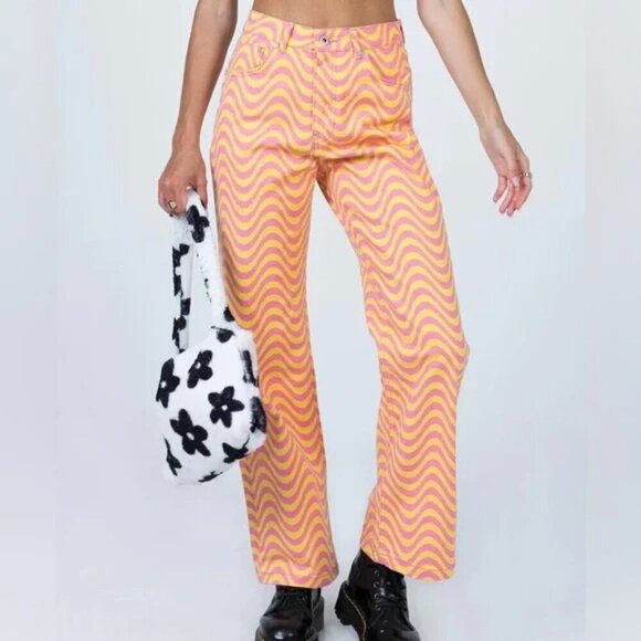 The Ragged Priest Dad Jeans in Wave Print Denim Yellow Pink 28 - Picture 1 of 16